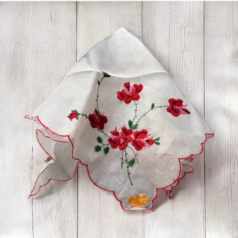 Vintage Embroidery All Cotton Hankie Handkerchief Red Floral & Sticker Scalloped